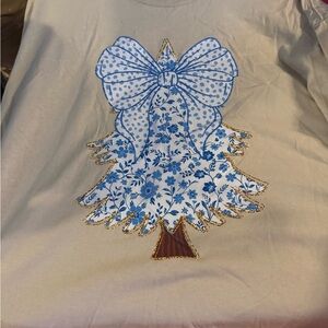 Gildan Beige Tee with Blue Floral Tree Design